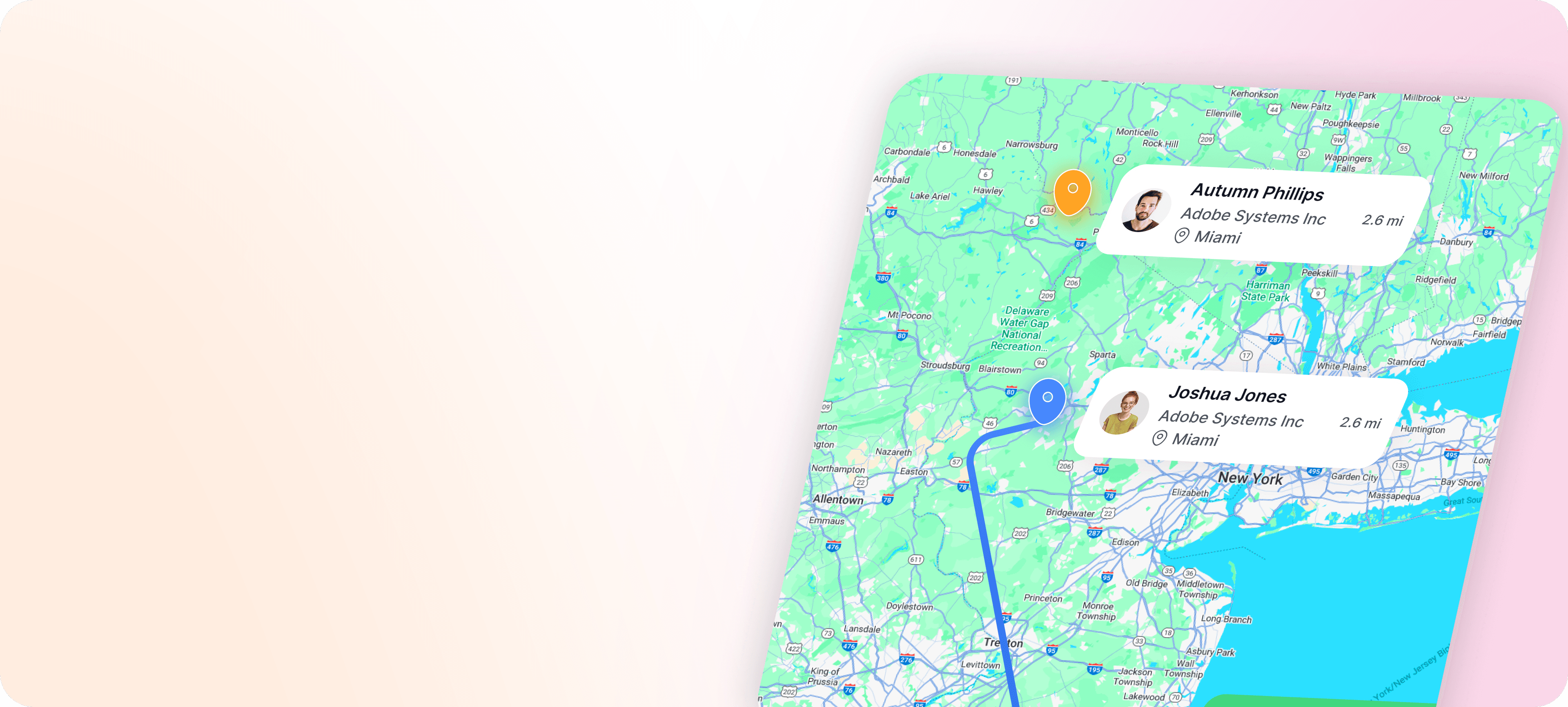 Route planner map with customer cards and route line