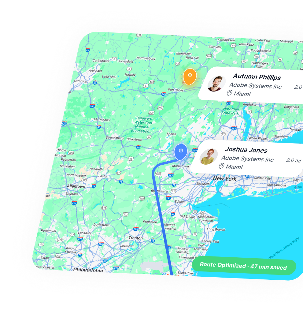 Route planner map with stop pins and saved time banner