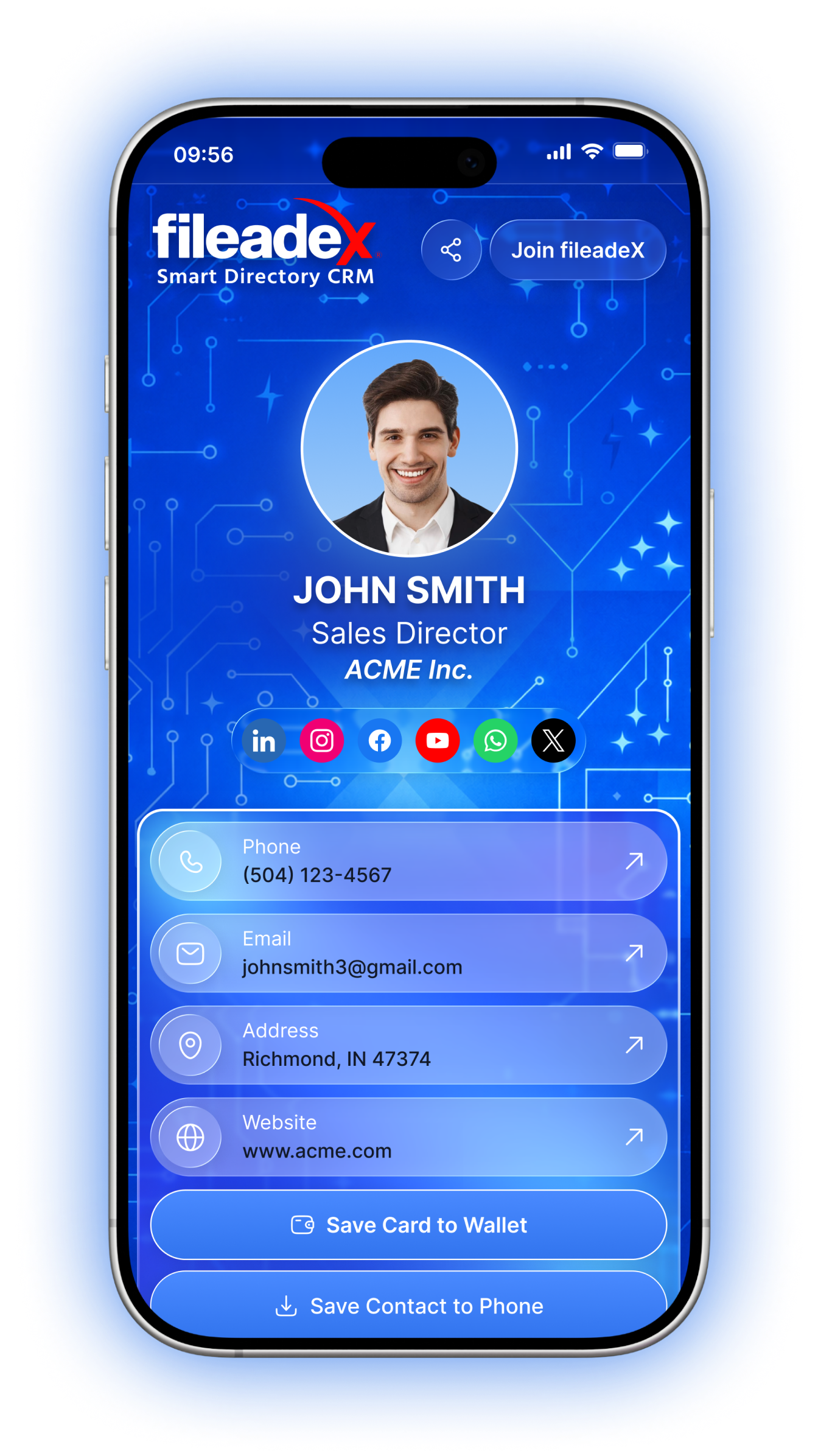 Blue fileadeX digital profile phone mockup